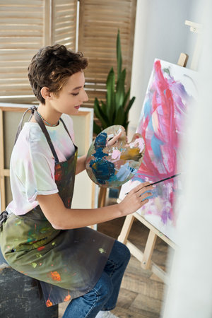 A young woman with short hair enjoys painting on a canvas at home, expressing her artistic passion.の写真素材
