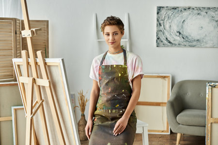 In a cozy home studio, a young woman with natural makeup passionately paints a new artwork.の写真素材