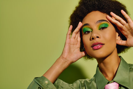 A young woman displays heartfelt emotions, adorned with bold green eyeshadow and stylish attire.