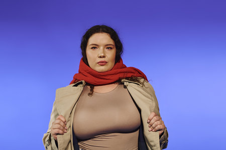 The beautiful plus size woman showcases her style and confidence, radiating empowerment and grace.