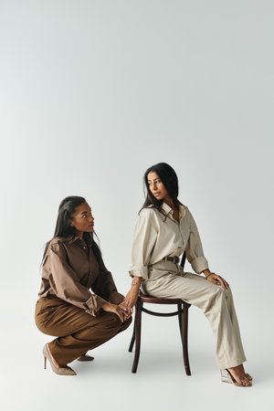 Two fashionable friends laugh and pose playfully in a bright, modern studio during daytime.の写真素材