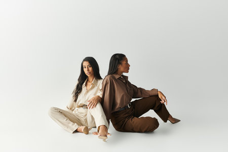 Two young women exude confidence in stylish outfits, seated back to back on a soft surface.の写真素材