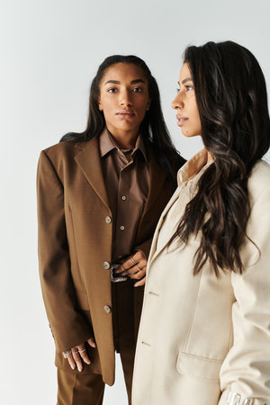 Two young women dressed in chic attire pose elegantly in a modern studio environment.の写真素材