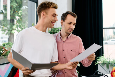 Two stylish men enjoy each others company, exploring menu options in a lively office.の写真素材