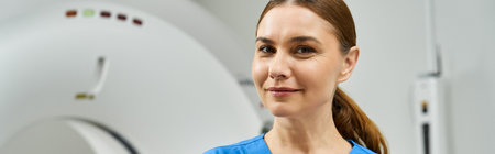Confident doctor in lab coat operates MRI machine, prioritizing patient care in modern hospital.の写真素材