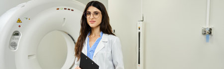 An attractive female doctor stands confidently in a MRI room, ready for diagnostic tests.