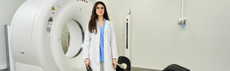 Attractive female doctor in a lab coat oversees diagnostic procedures in a hospital room.の写真素材