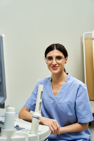 A skilled gynecologist in a lab coat provides consultations and care at a contemporary clinic.の写真素材