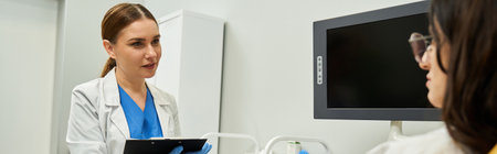 A gynecologist in a lab coat discusses health concerns with a female patient in a clinic.の写真素材