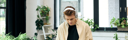 A young man concentrates on his tasks in a stylish, plant-filled office workspace.