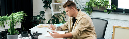A young professional engages in work tasks at a stylish, plant-filled office.