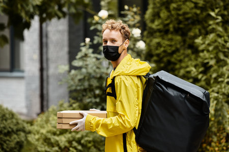 A delivery person in a black mask is bringing packages into an office building surrounded by greenery.の写真素材