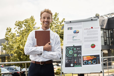 A confident redhead in a white shirt holds a folder while showcasing his project in a contemporary...