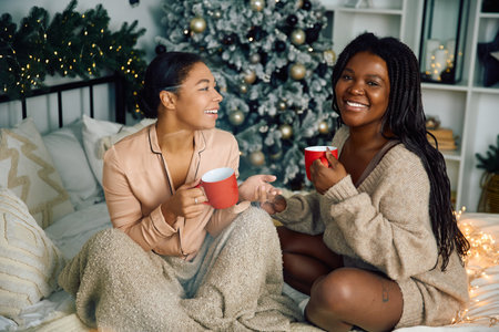 A happy lesbian couple enjoys warm drinks together in their festive, cozy bedroom.の写真素材