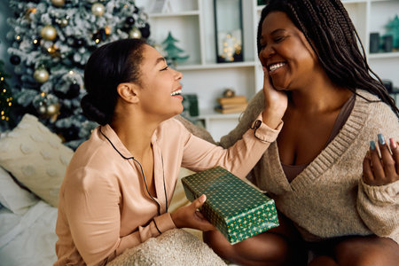Two women share laughter and warmth while exchanging gifts in a festive holiday setting.の写真素材