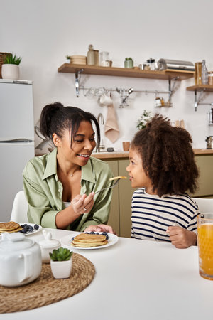 A mother prepares pancakes while her daughter eagerly waits to taste the delicious treat.の写真素材