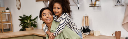 A mother shares a joyful moment with her daughter on her back, filled with love.