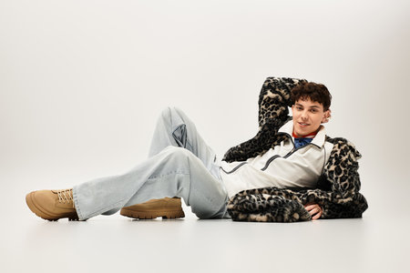 A fashionable man relaxes casually while showcasing his chic style in an artistic setting.
