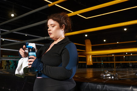 Focused woman pauses to drink water and catch breath while training in a well equipped gym