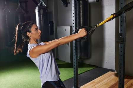 Focused woman engages in a full body workout using resistance training equipment in the gym.