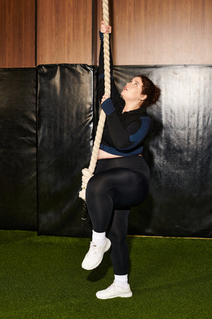 woman engages in a focused rope climbing exercise within a well equipped gym