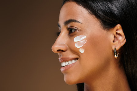 Beautiful woman applies skincare products, celebrating diversity in beauty and self-care.