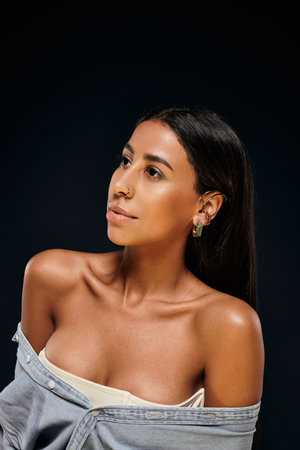 A stunning African American woman with brunette hairの写真素材