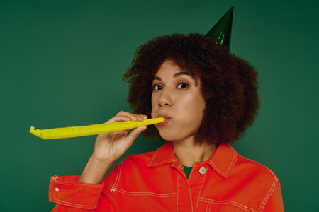 A lively young woman with curly hair expresses happiness, blowing a party horn against a vibrant green backdrop.の写真素材