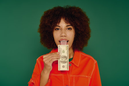 A young African American woman with curly hair shows excitement while holding a dollar bill against green.の写真素材
