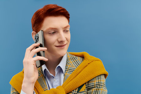 In a modern studio, a fashionable young man with red hair smiles while talking on his phone, exuding confidence.の写真素材