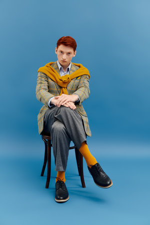 A handsome man with red hair poses elegantly in layered winter attire, exuding fashion confidence.