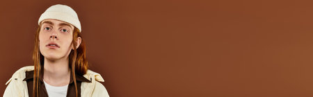 A teenage boy with vibrant red hair showcases stylish attire in a creative studio environment.