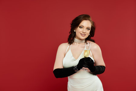 A young woman in a stunning dress holds a glass of champagne, exuding grace and joy.