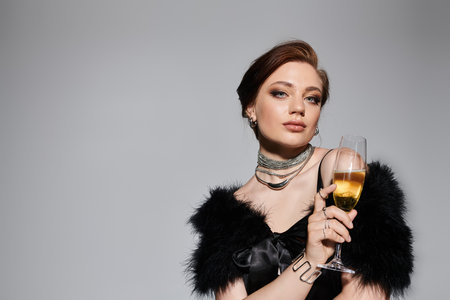 A stylish young woman raises a champagne glass, exuding elegance and confidence in her attire.