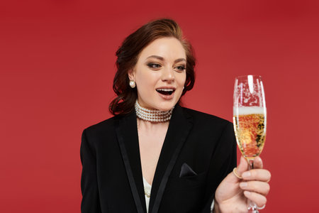 A joyful young woman in a sophisticated outfit raises a champagne glass, celebrating an occasion.