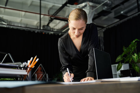 A dedicated young woman focuses on her tasks while working in a modern office setting.の写真素材