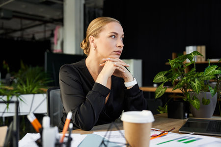 A young beautiful plus size woman focuses intently while working at her office desk.の写真素材