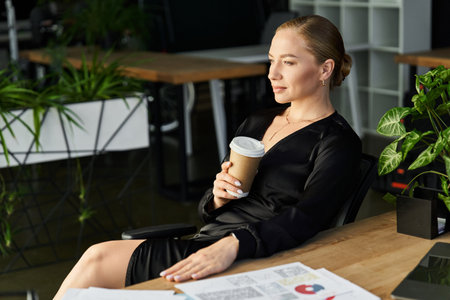 A young plus size woman relaxes at her desk, sipping coffee while working on her tasks.の写真素材