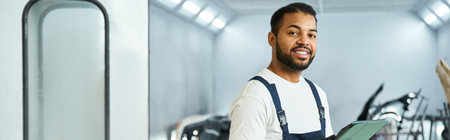 Skilled mechanic engages in his work, showcasing confidence and expertise in the workshop.の写真素材