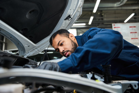 A skilled young mechanic focuses on fixing a vehicle under the hood in a bustling workshop.の写真素材