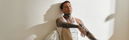 A young man sits comfortably against a wall, enjoying the warm sunlight that fills the room.の写真素材