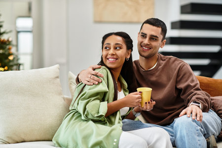 A couple enjoys quality time together, surrounded by festive decorations and warmth.の写真素材