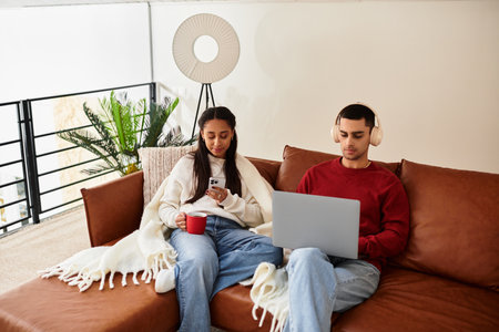 A couple enjoys winter together, relaxing in a modern apartment with warmth and comfort.の写真素材