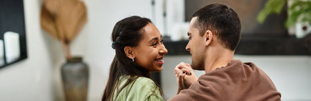A couple enjoys sweet moments in their chic apartment, embracing the Christmas spirit, banner