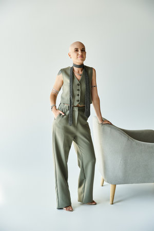 A young bald woman exudes confidence in fashionable clothing, showcasing her bold style.の写真素材