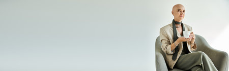 A young bald woman with alopecia sits thoughtfully in a stylish armchair, holding a cup.の写真素材