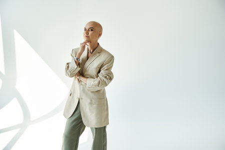A confident young bald woman poses thoughtfully in chic clothing, showcasing grace and strength.の写真素材