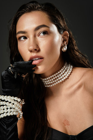A young beautiful lady dressed elegantly models striking pearl jewelry while pondering deeply.の写真素材