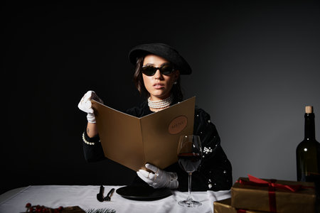 A sophisticated young woman dons elegant attire while contemplating her meal choice.の写真素材