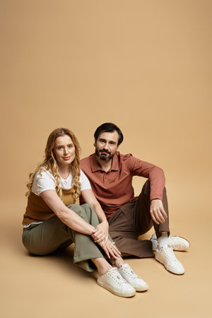 A middle aged couple enjoys a serene moment together, embodying joy and connection.の写真素材